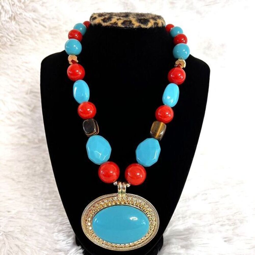 JCPenney's Chunky Multicolor Bead/Tiger's Eye‎ Stone Necklace 17 in